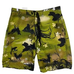 NoBo Mens Board Shorts Green Japanese Floral Calligraphy Swim Trunks M NB17A125